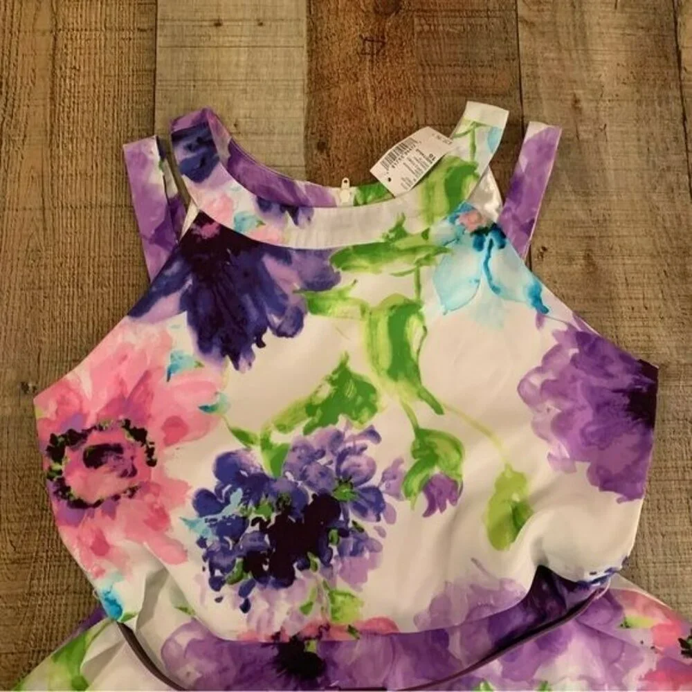 Children’s place girls tank top dress in white with purple flowers and belt -16 - Picture 2 of 8
